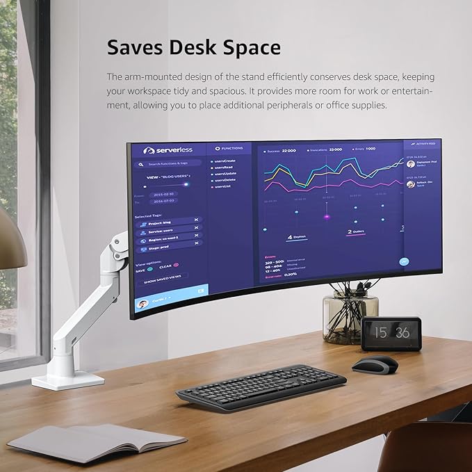 BEWISER Heavy Duty Monitor Arm Mount for 34-49 inches and Ultra 57 inches Screens,Weight Capacity Up to 44 lbs,Full Motion Height Swivel Adjustable Monitor Arm(White)