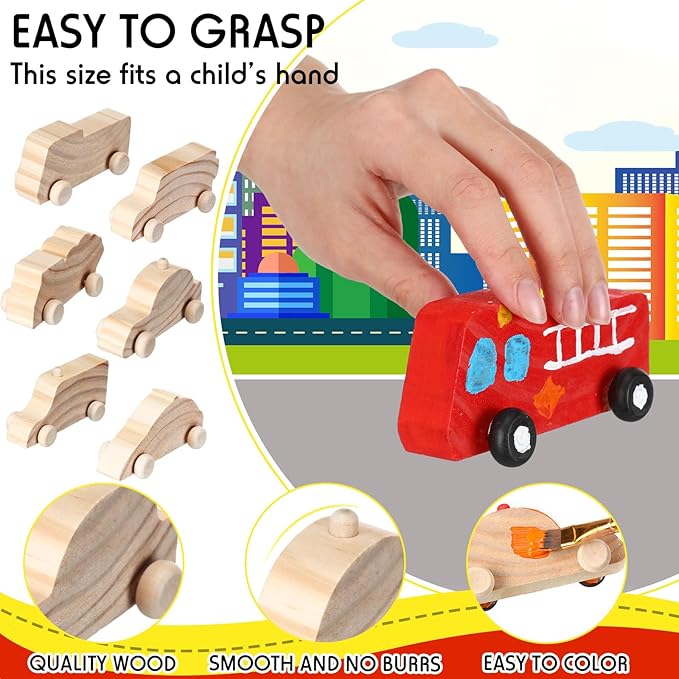 Lenwen 6 Pcs Large Unfinished Wooden Car to Paint 4'' Wood DIY Car Toys and 12 Color Acrylic Paint Set for Student Easy Woodworking Set Family Activities Arts and Crafts Kit