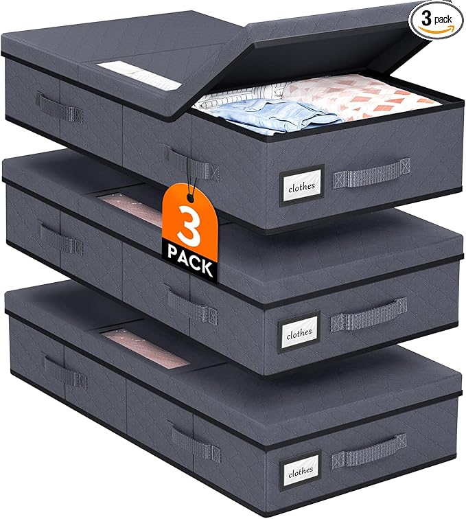 Under Bed Storage Containers with Lids - 3 Pack, Foldable and Stackable Clothes Storage Bags with Clear Window, 3-Sided Handles and Label Slot for Clothing, Blankets, Pillows (Grey)