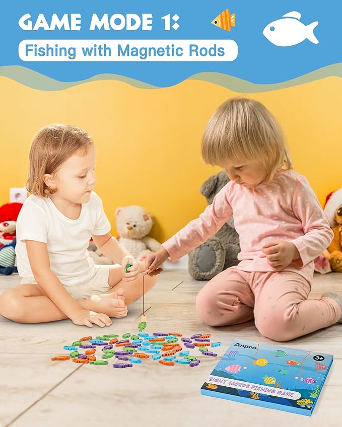 Anpro Wooden Magnetic Fishing Sight Words Game Learning, Alphabet Puzzle Flashcards Montessori Toys with 2 Play Modes, Homeschool Sight Word Educational Toy for Preschool 3 4 5 Year Old Kids