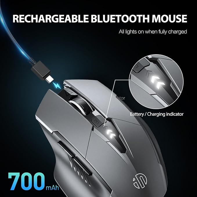 INPHIC Bluetooth Mouse Wireless, Tri-Mode, Upgraded Visible Battery, 2400 DPI, Silent Ergonomic Computer Mice, Mac, PC etc.-Gray