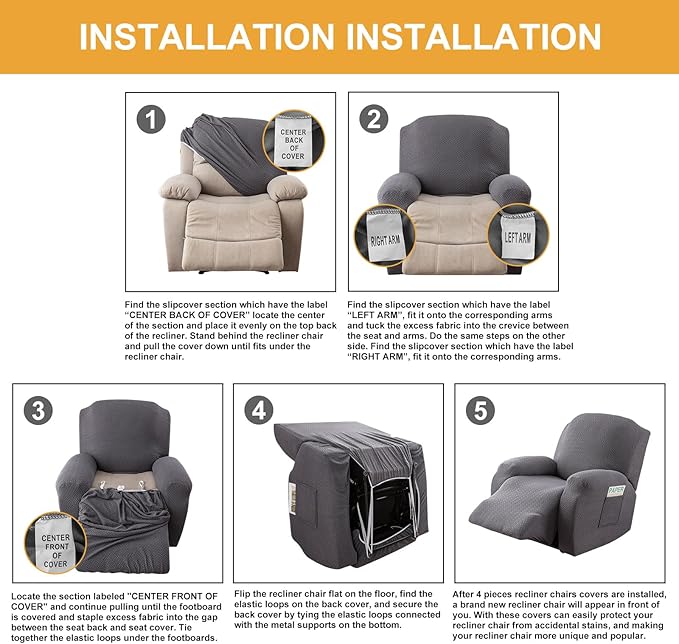 Genina Recliner Chair Covers, Stretch Reclining Chair Covers, Recliner Sofa Slipcovers Stripe Jacquard Lazy Couch Covers Furniture Protector Covers for Pet Kid (Light Grey, 1 Seat)