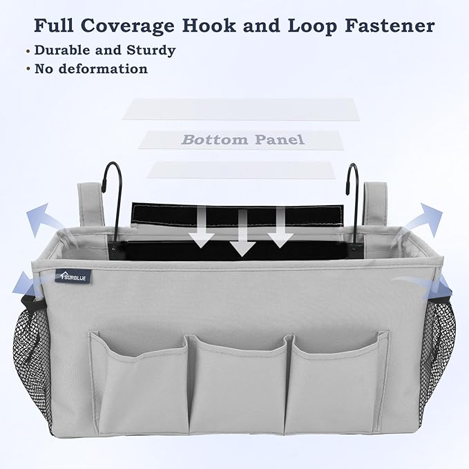 Surblue Bedside Organizer with Hook Bedside Caddy Hanging Storage Bag with Adjustable Straps and Water Bottle Holder for Home College Dorm Bunk Bed Accessories, Hospital Bed,Lightgrey