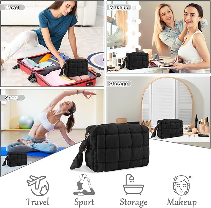 Puffer Quilted Makeup Bag Cosmetic Bags,Puffy Travel Toiletry Pouch for Women,Cute Checkered Zipper Bag Travel Essential,Portable Aesthetic Make up Organizer Bag for Gifts Work Daily(Black,S)