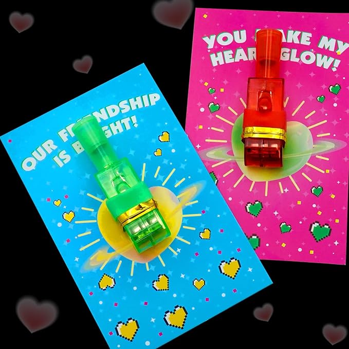 28 Pack Valentines Cards for Kids with LED Finger Lights, Valentines Day Gifts for Kids, Light Up Toys Bulk Valentines Day Cards for Kids Classroom School Exchange Prize Party Favors Set