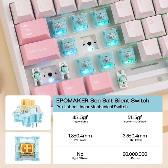 EPOMAKER TH108 Full Size Mechanical Keyboard, Wireless Gaming Keyboard with 8000mAh Battery, Creamy Gasket, 108 Keys, Hot Swap, Custom Driver, RGB Backlight (Pink, Sea Salt Silent)