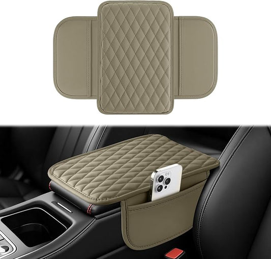Amiss Car Center Console Cover, Upgraded Leather Car Armrest Cushion with 2 Storage Pockets, Universal Waterproof Cushion Pad, Non-Slip Car Interior Accessories, Fits Most Sedans SUVs Trucks (Beige)