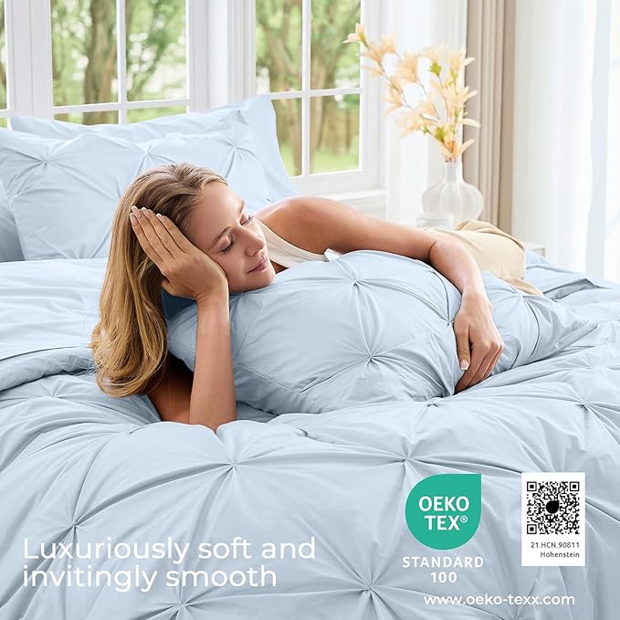 Sasttie Full Size Comforter Set, 7-Piece Bed in a Bag, Pintuck Bedding Sets for All Season, Includes Comforter, Flat Sheet, Fitted Sheet, Pillowcases and Pillowshams, Light Blue