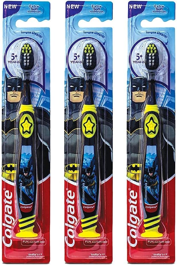 Colgate Batman Toothbrush for Children with Suction Cup, Kids 5+ Years Old, Extra Soft, Pack of 6
