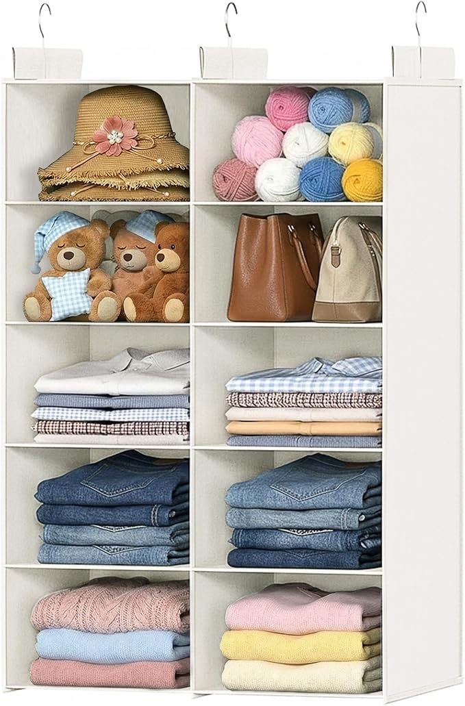 ALLTIDYUP White 5-Tier Hanging Closet Storage Organizer - Space-Saving Dual-Row Foldable Shelves with 3 Hooks, Wardrobe Organizer for Dorm, Bedroom, Clothes and Accessories