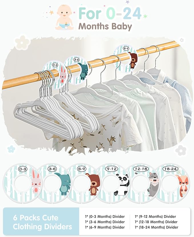 Baby Hangers, VIS'V 11 Inch White Velvet Kids Hangers with 6 Pcs Size Dividers Non Slip Nursery Children Closet Clothes Hangers for Infant Toddler Girls and Boys 30 Pcs