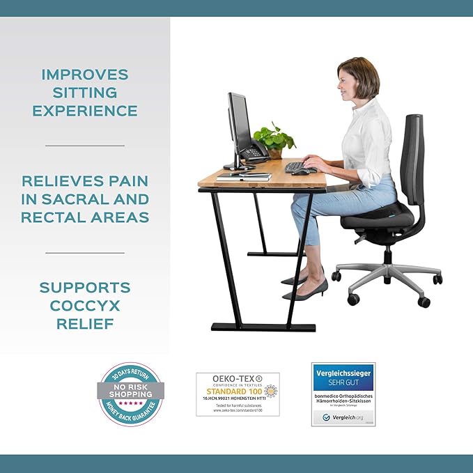 Orthopedic Donut Seat Cushion - Standard, 16 x 13 Inch, Memory Foam Gel Office Chair Cushion for Hemorrhoid, Tailbone, Butt, Coccyx Relief - Support Pillow for Office, Car, Home and Wheelchair