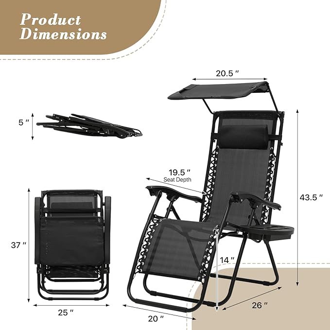 Athena Collection Zero Gravity Outdoor Lounge Chair Set of 2 with Canopy Shade, 25" Width Pool Lounge Lawn Chairs Reclining with Cup Holder, Outdoor Chaise for Beach Patio Outside, Black