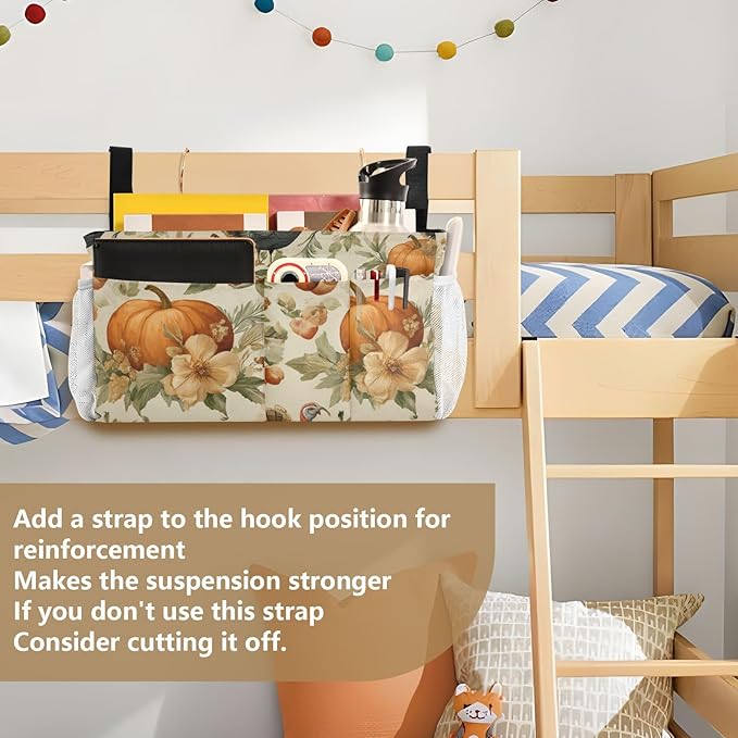 Thanksgiving Turkeys Pumpkin Beige Bedside Caddy for Dorm Bed Bedside Hanging Caddy Bag Iron Frame Storage Organizer Pocket for Bunk Home College Hospital Beds 2 Hooks