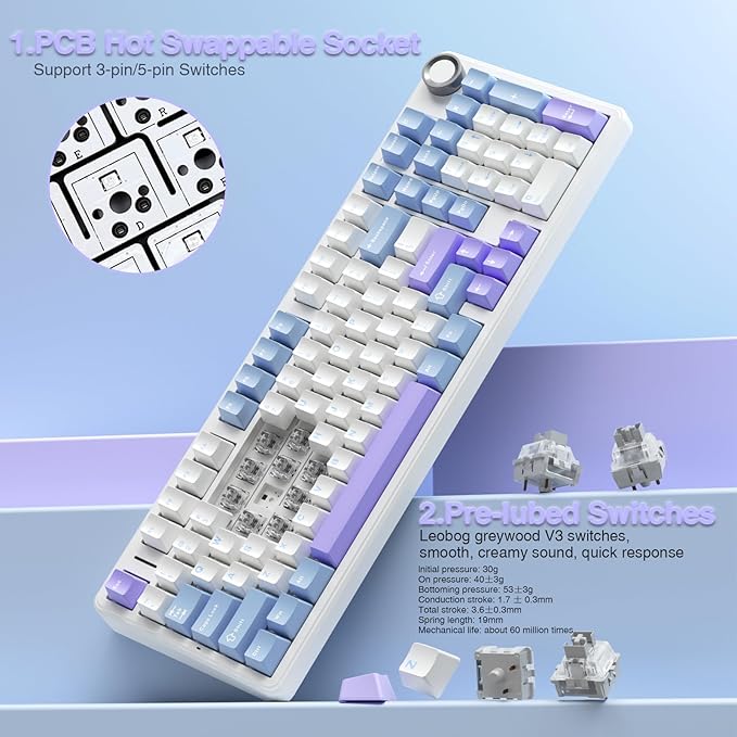 AULA F99 Pro Wireless Mechanical Keyboard with Knob,Creamy Sound,Tri-Mode BT5.0/USB-C/2.4GHz Hot Swappable Keyboard,Gasket Structure,RGB Backlit Computer Gaming Keyboards