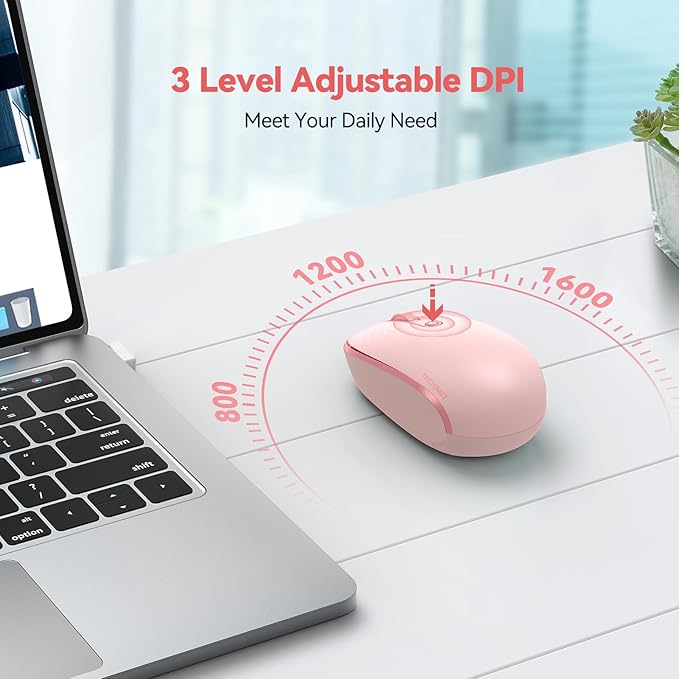 TECKNET Wireless Mouse, 2.4G Quiet Computer Mouse with USB Receiver, 4 Buttons Portable Cordless Mice for Chromebook, Laptop, PC, Mac, 800/1200/1600 DPI - Pink