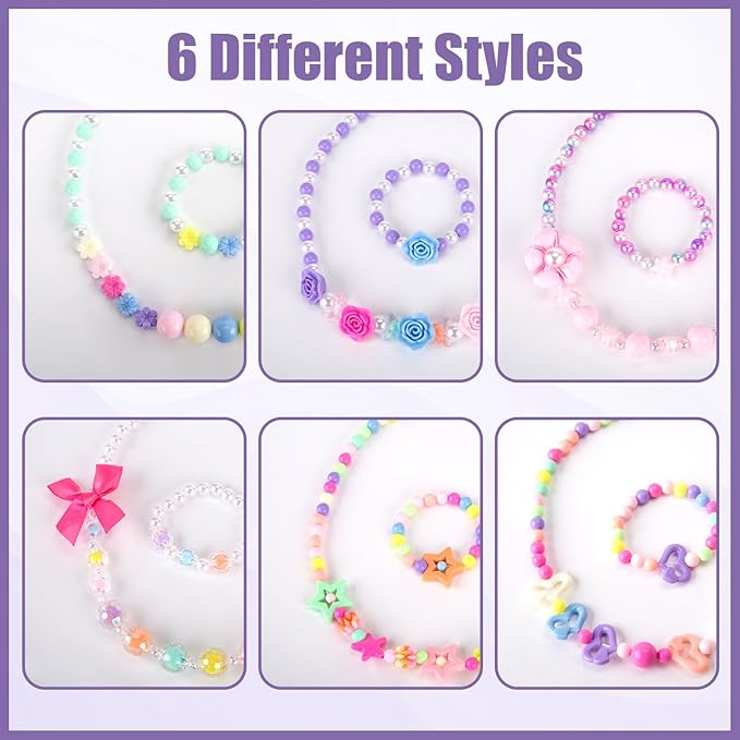 BigOtters Little Girls Necklace Bracelet, 6 Sets Lovely Colorful Beads Jewelry Princess Dress up for Toddlers Pretend Play Party Costume，Easter Eggs Stuffers Kids Easter Gift
