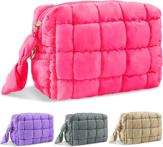Puffer Quilted Makeup Bag Cosmetic Bags,Puffy Travel Toiletry Pouch for Women,Cute Checkered Zipper Bag Travel Essential,Portable Aesthetic Make up Organizer Bag for Gifts Work Daily(RoseRed,S)