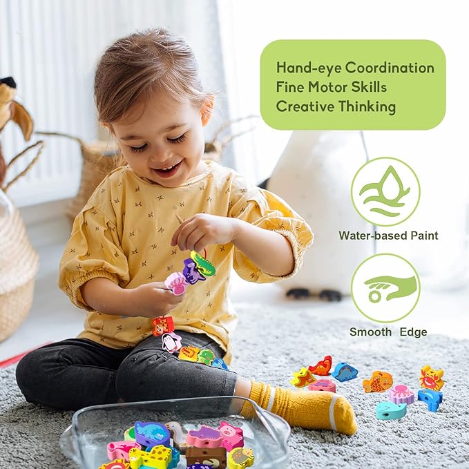 Montessori Educational Wooden Lacing Beads Toys for Toddler 3 4 5 Year Old, Farm Animals Dinosaur Fish Threading Toys Preschool Stringing Fine Motor Skills Toy for Boys Girls