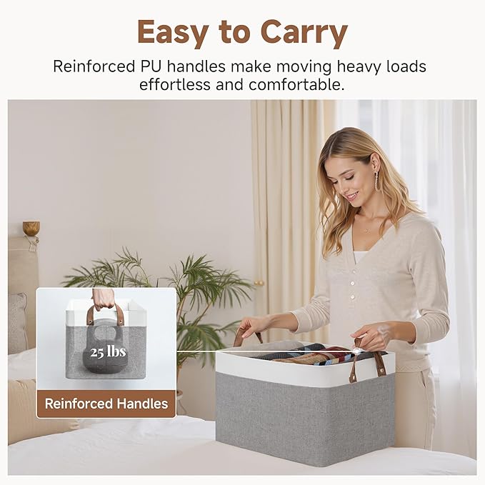 StorageWorks Storage Bins, Fabric Storage Bins for Shelves, Large Storage Baskets with Metal Frame, Closet Baskets and Bins with Handles, Gray and White, 2-Pack