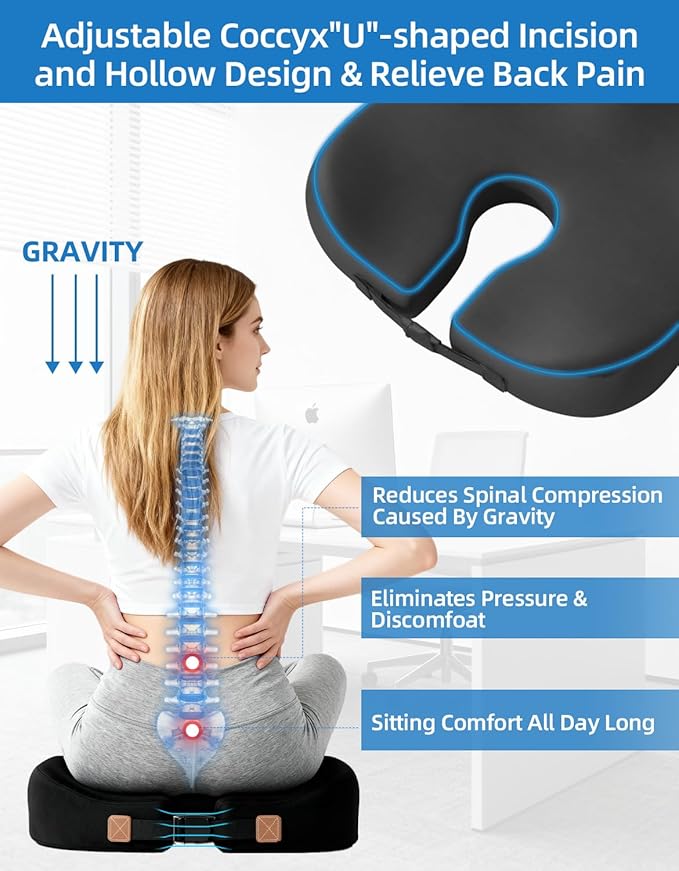 Adjustable Seat Cushions for Office Chairs, Extra-Dense Seat Cushion for Desk Chair, Home Chair, Ergonomic Sciatica Support, Hip & Tailbone Pain Relief Chair Cushions for Long Sitting (Black)