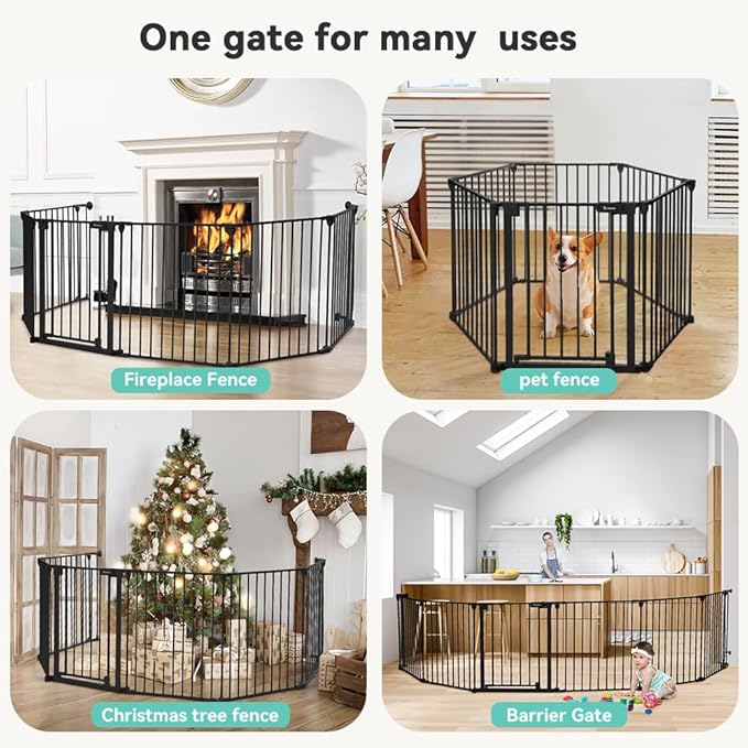 COMOMY 150" Extra Wide Baby Gate with Door, Dog Gates for The House Doorways Fireplace, Auto Close Baby Fence Play Area, Walk Through Pet Gate, Hardware Mounted Baby Gate, 6-Panels (30" Tall, Black)