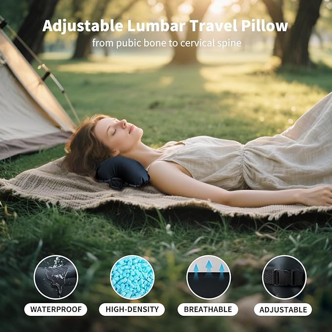 Mixtrend Travel Lumbar Pillow – Inflatable Memory Foam Back Support Pillow for Airplane, Car, Office, Long Flight, Ergonomic Travel Cushion for Lower Back Pain Relief – for Men, Women, Kids, Black