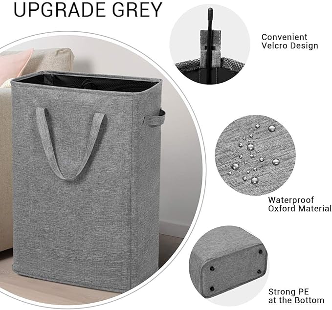 ZERO JET LAG Slim Laundry Hamper With Handles Collapsible Laundry Basket Thin Dirty Clothes Basket Narrow Laundry Bag Foldable Dirty Cloth Hamper 45L (23 inches,Dark Grey)