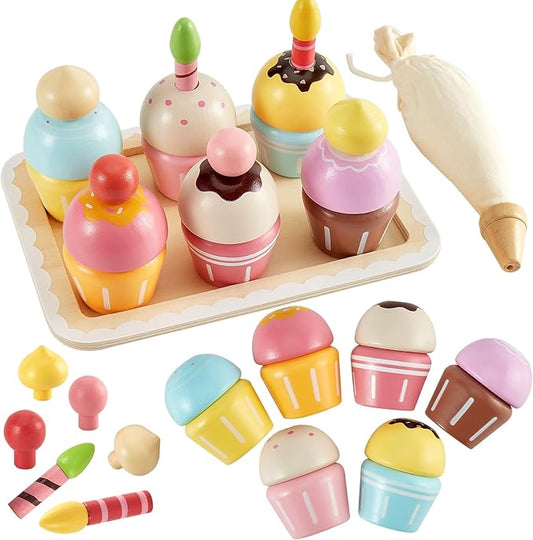 HERSITY Wooden Cupcakes Toys Pretend Play Food Desserts Kids Baking Set, Kitchen Playset for Toddlers 3-5, Tea Party for Little Girls Cooking Games Age 3 4 5 Years Old Girls Boys