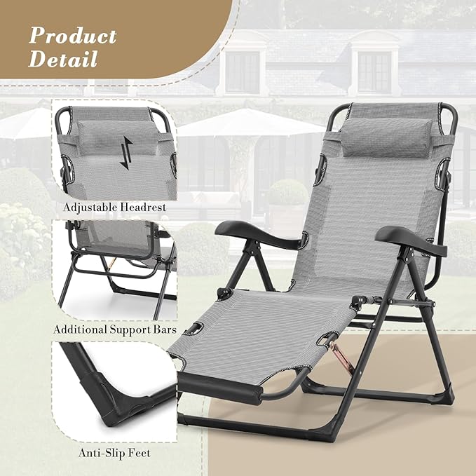 Athena Collection Zero Gravity Outdoor Lounge Chair Recliner Set of 2, 27" Width Reclining Pool Lounge Lawn Chairs with Headrest Foot Pad, Outdoor Chaise for Beach Patio Backyard Outside, Grey