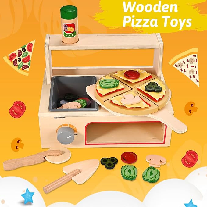 50 Pcs Wooden Pizza Toy, Montessori Pretend Play Toys, Wooden Pizza Counter Playset with Bake Oven, Play Food and Accessories, Cooking Pretend Play Toys for Boys Girls Age 3+