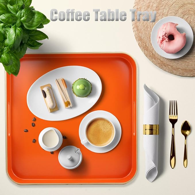 Omuriko Orange Square Decorative Tray with Handles, 13"*13" Versatile Serving Tray for Coffee Table, Ottoman, Ideal for Serving, Displaying, Organizing