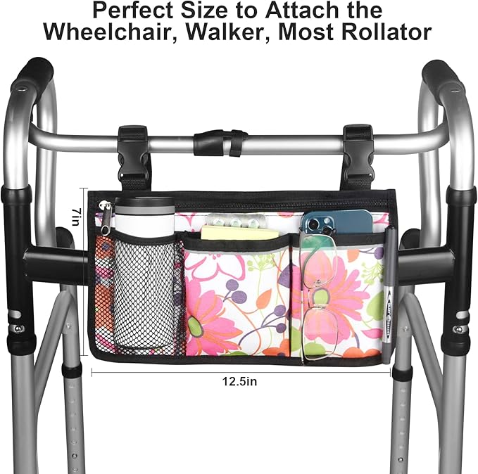 Wheelchair Side Bag, Upgrade Flower Color Wheelchair Armrest Storage Pouch with Cup Holder and Reflective Strip Made with Waterproof Fabric, for Most Wheelchairs, Walkers and Rollators (Pink Floral)