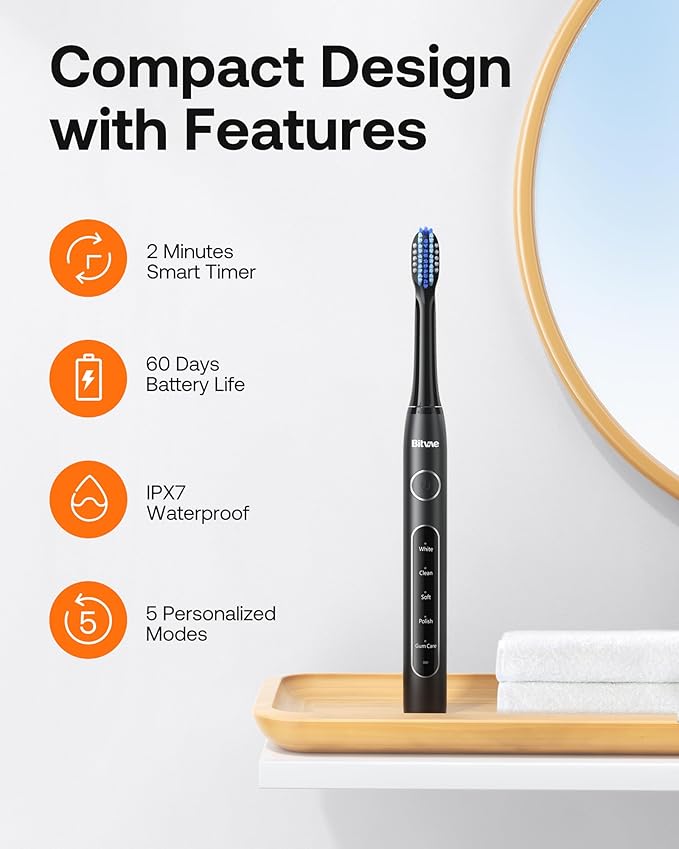 Bitvae Ultrasonic Electric Toothbrush for Adults and Kids, ADA Accepted Travel Electric Toothbrush with Rechargeable 60-Day Battery Life, 8 Toothbrush Heads, 5 Modes, Toothbrush Holder, Black