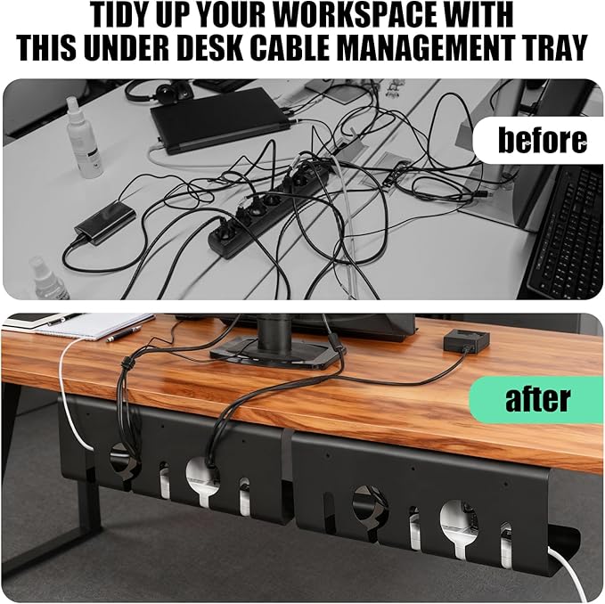 2 Pack Under Desk Cable Management Tray, 16.5" L x 4.7" W x 6.8" H, Wire Organizer for Power Strip, Tape Mount or Screw Mount, Easy Install Cord Raceway for Desk & Home