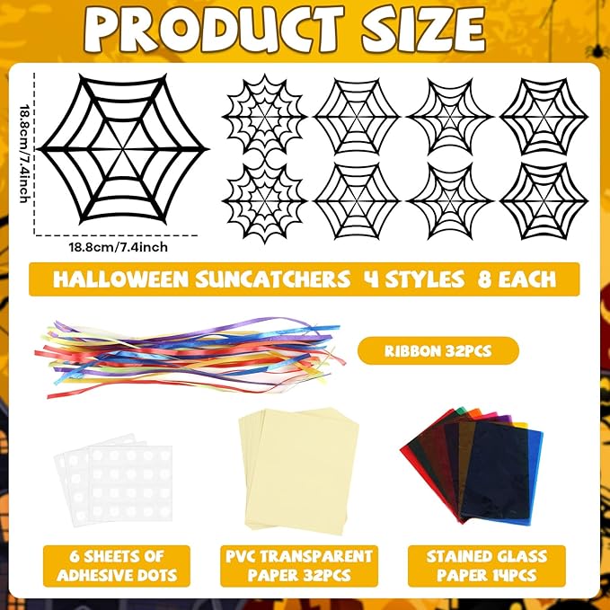 32Pcs Halloween Suncatcher Kit Halloween Window Art DIY Suncatcher Crafts for Kids Spider Web Sun Catcher Craft Stained Glass Effect Tissue Paper Halloween Party Favors Kids Classroom Decor