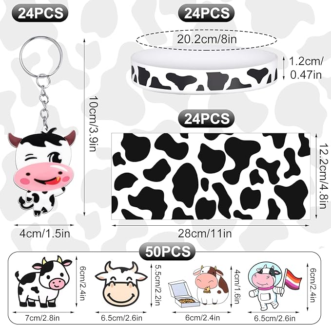 Chunful 148 Pcs Cow Party Favors Supplies Include Cute Cow Keychain Cow Print Gift Bag Elastic Cow Silicone Bracelets Cow Stickers Cow Animal Print Stickers for Kids Girl Shower Birthday(White)