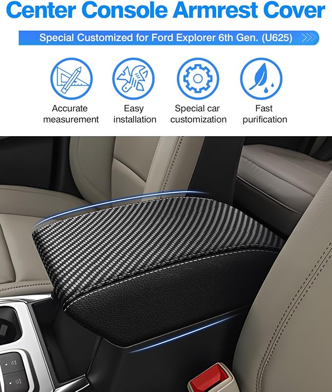 Autorder Center Console Cover for Ford Explorer 2020-2025 Accessories Armrest Cover Carbon Fiber Anti-Scratch Middle Console Pad Leather Armrest Protector