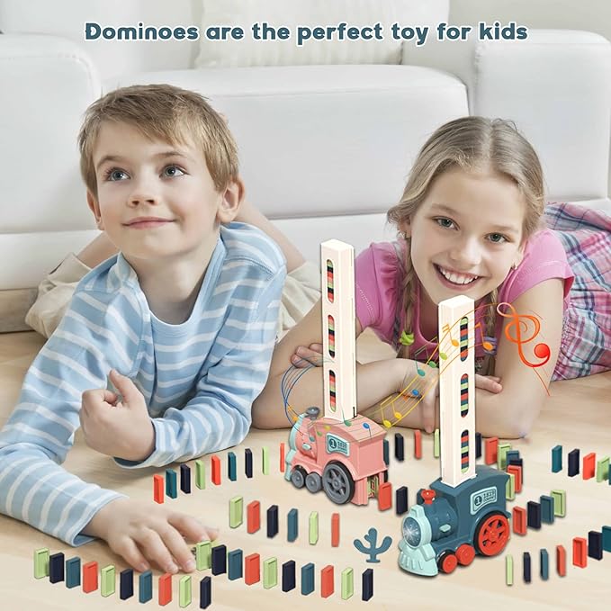 Domino Train Toy Set for Kids, 100 Pcs Automatic Dominoes Blocks Building and Stacking Toys Creative Kids Games Early Education Christmas Birthday Gift Boys Girls Age 3 4 5 6 Year Old (Cyan)