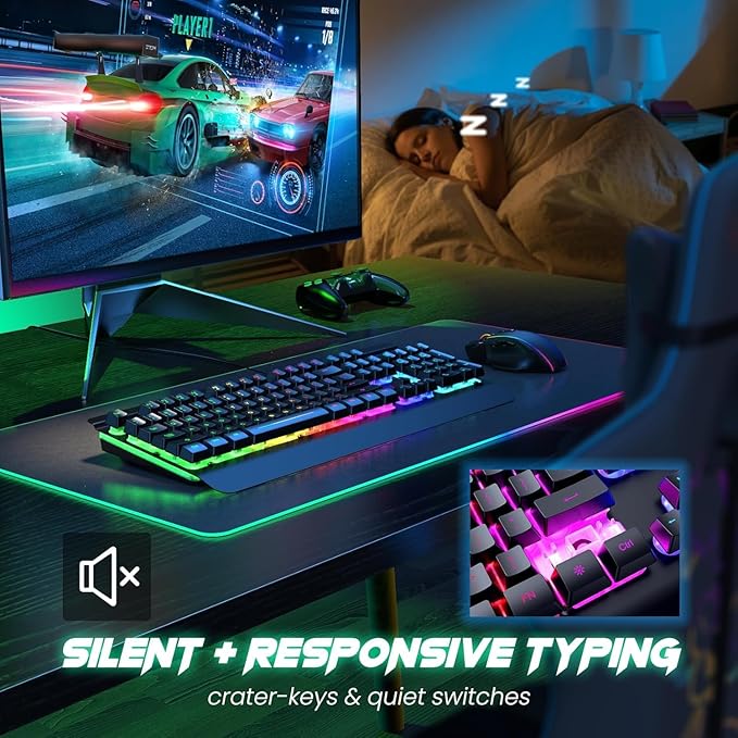 RisoPhy PC419 RGB Gaming Keyboard, 7 Single Color Backlits, 104 Keys Metal Panel, Silent Keys, Wrist Rest, Full Size Waterproof Light Up for PC Laptop Mac Gamer