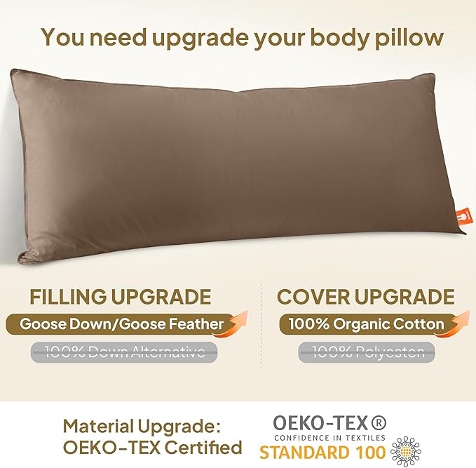 Goose Down Body Pillows for Adults, Large Body Pillow for Side Sleeper, Hugging Feather Body Pillow Insert, Cooling Full Length Long Pillow for Bed with 100% Organic Cotton Shell, (Chocolate 20"x54")
