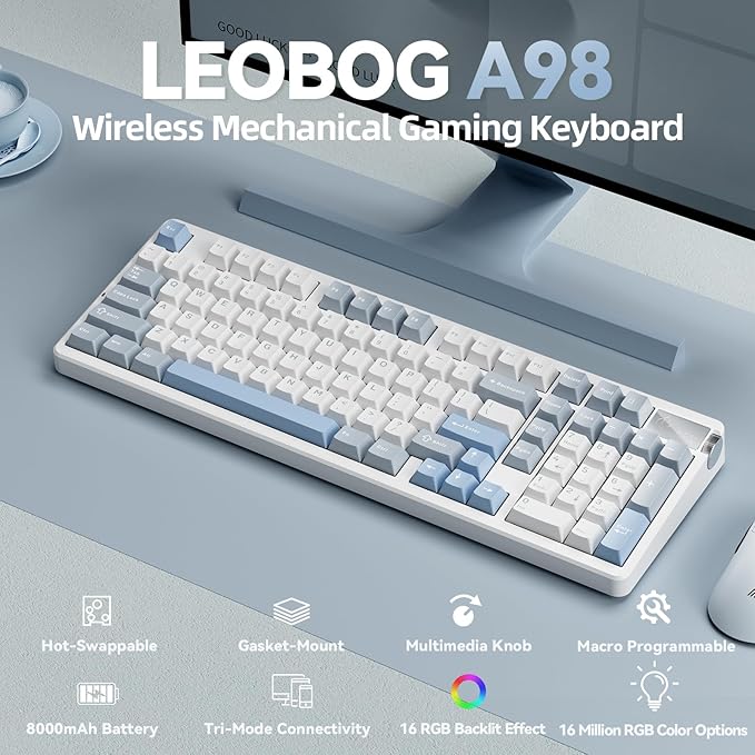 LEOBOG A98-96% Mechanical Keyboard Wireless, Tri-Mode BT5.0/2.4GHz/USB-C, Creamy Keyboard with Number Pad, Gasket Structure Hot Swappable, Custom Gaming Keyboard RGB Backlit with Knob for PC