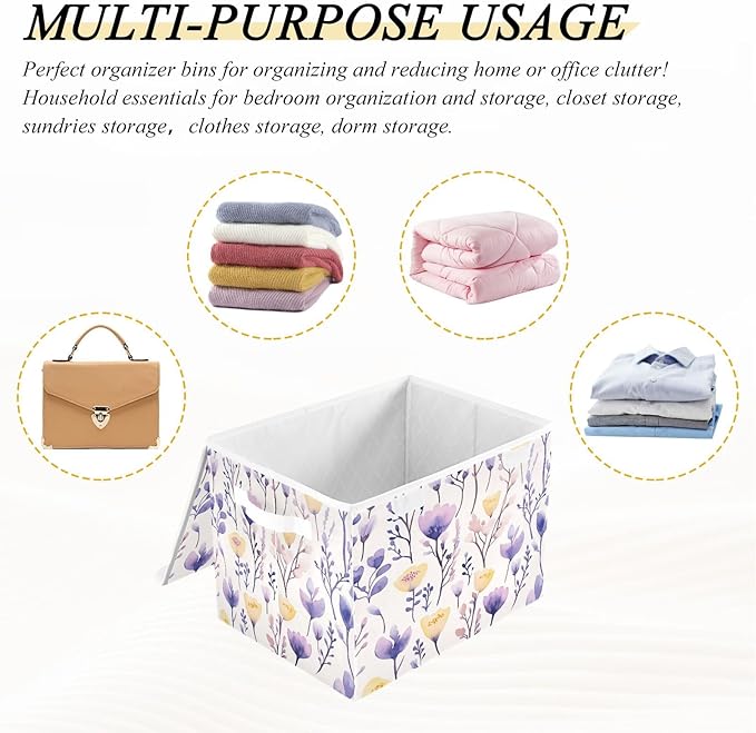 senya Large Storage Bins with Linen Collapsible Foldable Storage Cubes Fabric Closet Organizer Containers box with Flip-Top Lid for Home Bedroom Office 16.7 x 12.6 x 11.8in (Yellow Purple Flower)