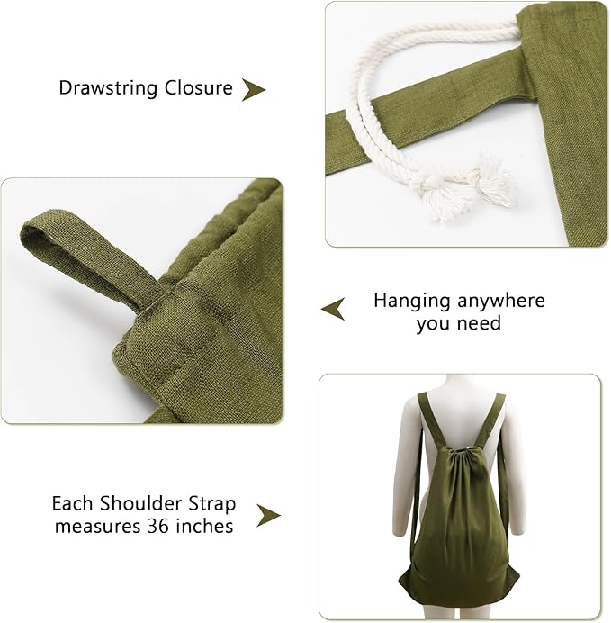 HSOFTIFY 100% Pure Linen Travel Backpack Laundry Bags with Shoulder Straps 20x24in-Washable Drawstring Hanging Laundry Hamper Rxtra Large Portable Cloth Laundry Bag for Dorm College Military Gym-Green
