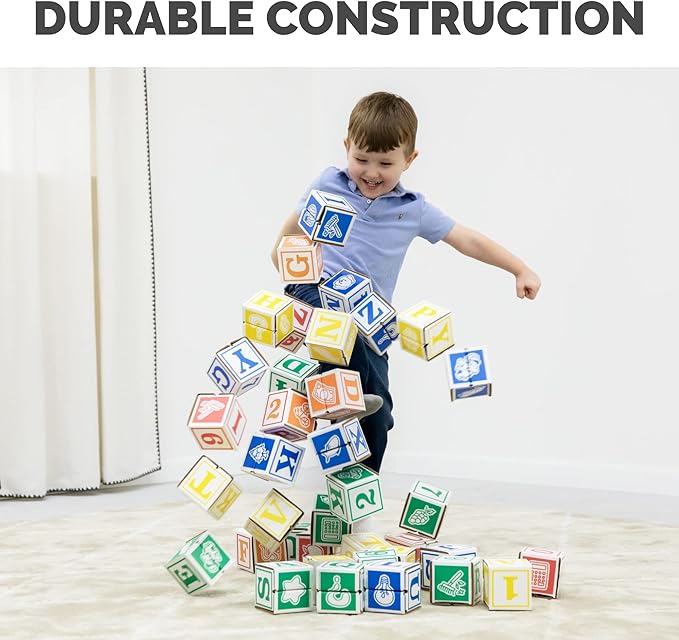 Bankers Box at Play Cardboard ABC/123 Building Learning Blocks, 50 Pack, Larger 3"x 3" Montessori Toy Blocks for Kids and Families