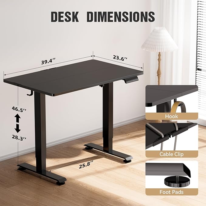 Veken 39.4" Small Electric Standing Desk, Adjustable Height Office Desk with Wood Desktop, Computer Table for Home Work, Study and Gaming, Small Spaces, Modern Furniture, Black