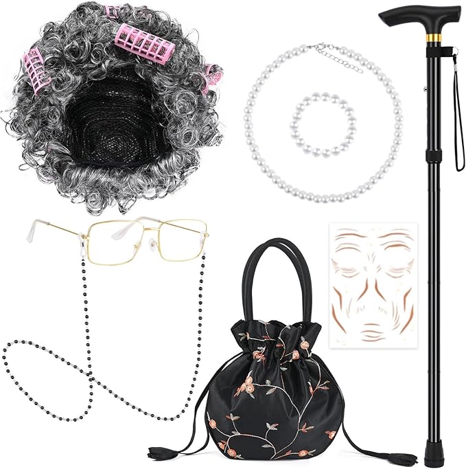 9 PCS 100 Days of School Old Lady Wig Set Include Wig Glasses Necklace Bracelet Glasses Chain Bag Cane and Stickers