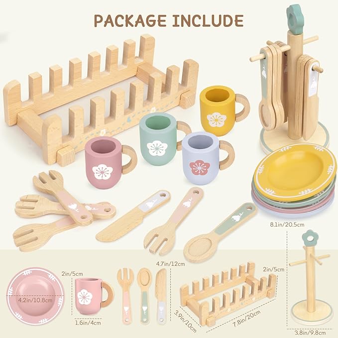 20 PCS Kitchen Playset with Wooden Toy Plates and Dishes, Montessori Kitchen Toys for Girls and Boys, Wooden Play Kitchen Accessories for Kids Toddlers Aged 3 and up