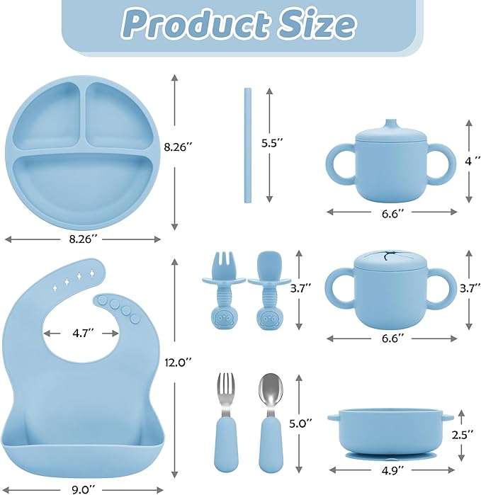 Silicone Baby Feeding Set, Baby Led Weaning Supplies, Eating Essentials Utensils with Suction Plate and Bowl, Pocket Bib, Sippy Cup with Lid, Forks Spoons Snack Container, for 6+ Months, Blue