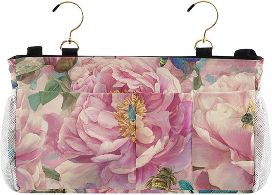 Pink Peony Bee Dragonfly Bedside Caddy for Dorm Bed Bedside Hanging Caddy Bag Iron Frame Storage Organizer Pocket for Bunk Home College Hospital Beds 2 Hooks